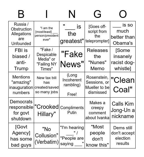 Filthy Dirty Trump Lies SotU Bingo Card