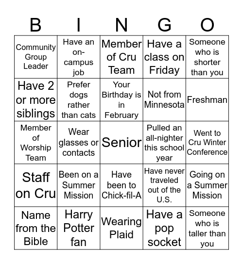 Cru - Get to Know You Bingo Card