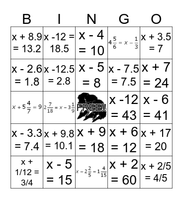 One Step Equation Bingo (Addition/Subtraction) Bingo Card