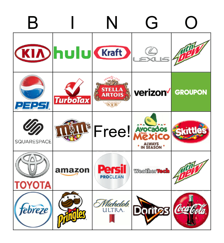 SUPER BOWL COMMERCIALS 2018 BINGO Card