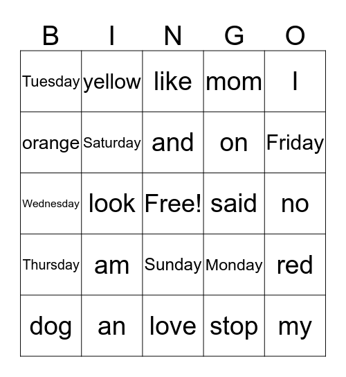 Sight Words! Bingo Card