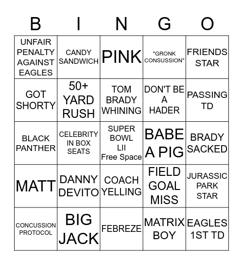 SUPER BOWL LII BINGO Card