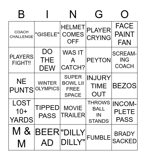 SUPER  BOWL LII Bingo Card