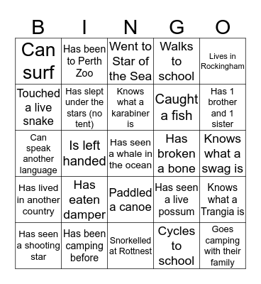 Year 10 Outdoor Education - People Bingo Card
