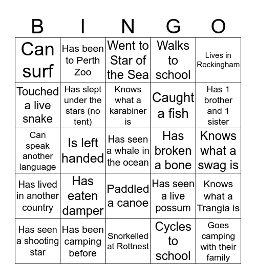 Year 10 Outdoor Education - People Bingo Card
