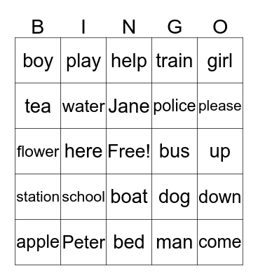 Sight Words Bingo Card