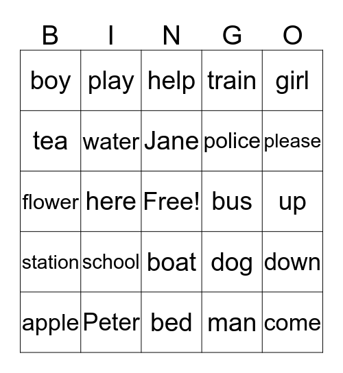 Sight Words Bingo Card