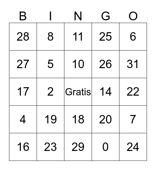numeros 0-31 Bingo Card