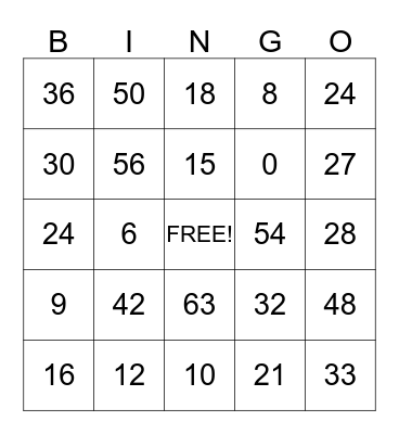 Multiplication Quiz Bingo Card