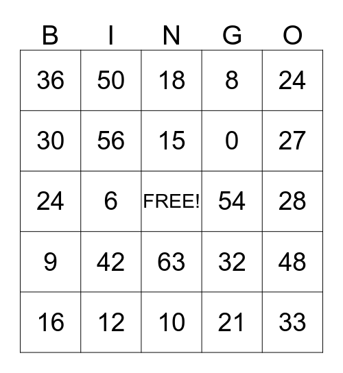 Multiplication Quiz Bingo Card
