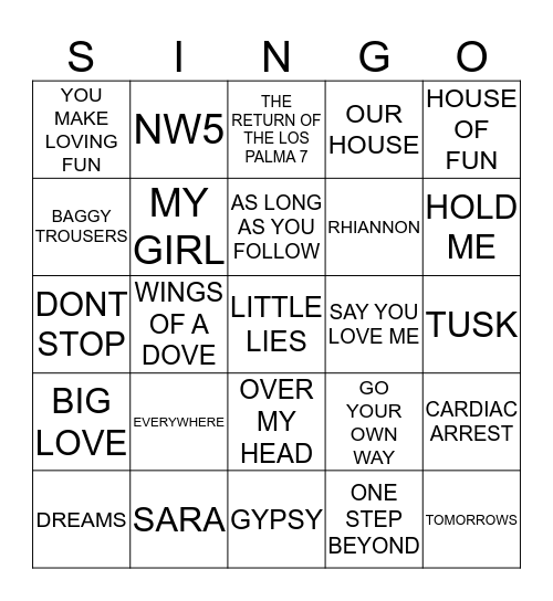 154 MADNESS VS FLEETWOOD MAC Bingo Card