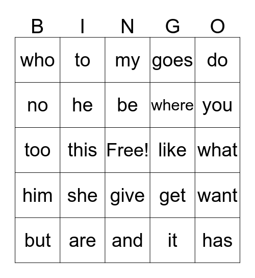 SIGHT WORDS KINDERGARTEN Bingo Card