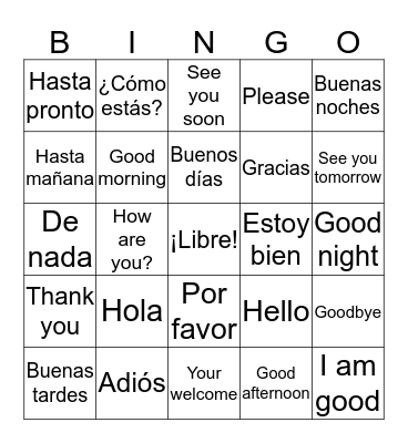 Spanish Greetings English and Spanish Bingo Card