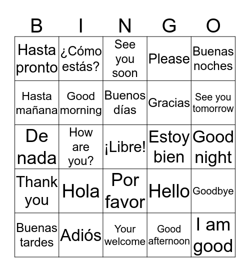 Spanish Greetings English and Spanish Bingo Card