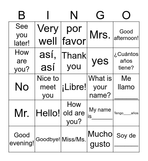 Spanish Greetings and Things Bingo Card