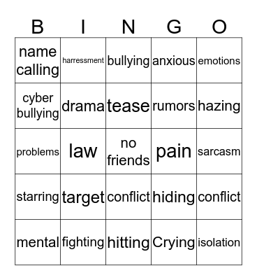 Bullying Bingo Card