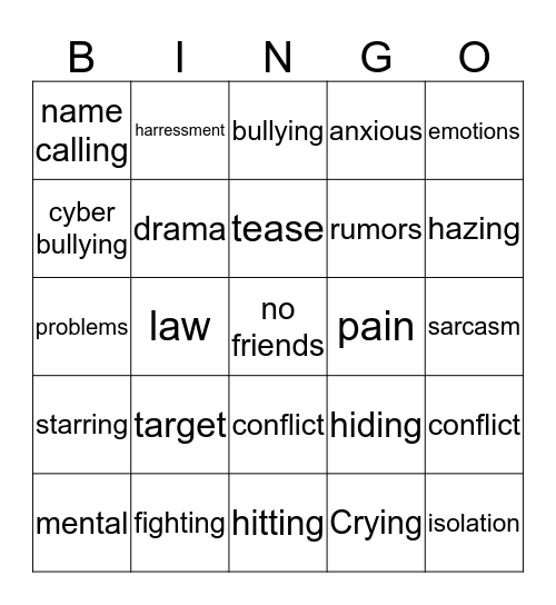 Bullying Bingo Card