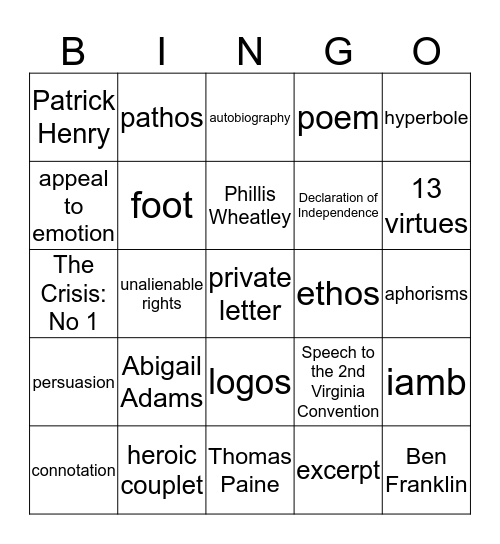 Revolutionary Writers Bingo Card