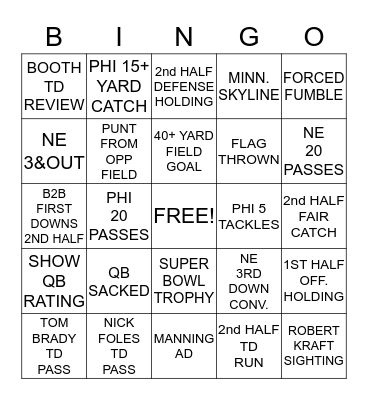 SUPER BOWL BINGO!! Bingo Card