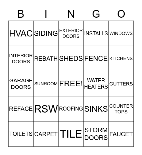 Home Services Bingo Card