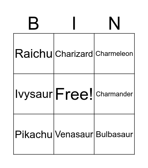 Pokemon Bingo Card