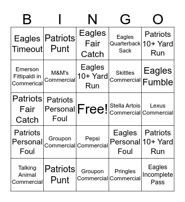 2018 Super Bowl Bingo Card