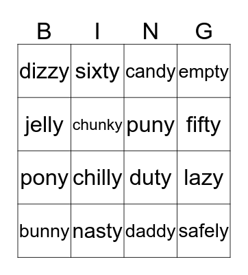 -Y Words  Bingo Card
