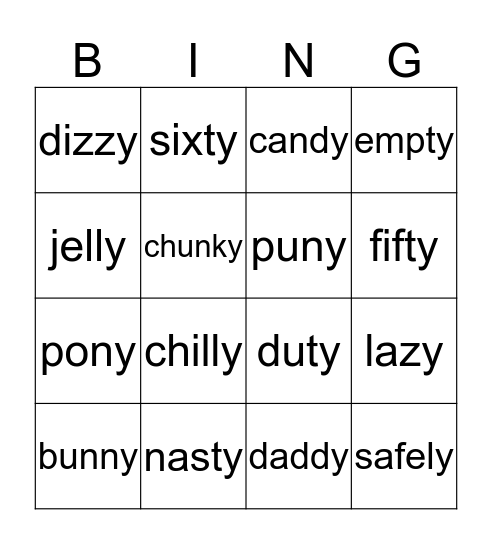 -Y Words  Bingo Card
