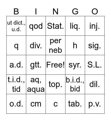 Medical Abbrevitions Bingo Card