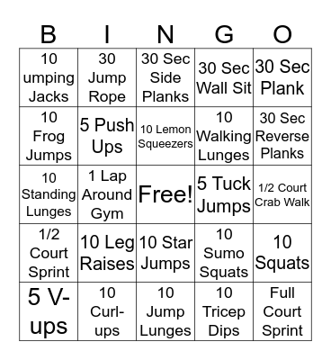 Fitness Bingo Card