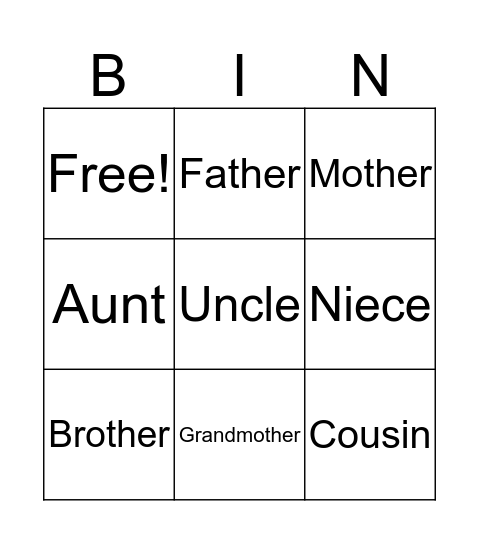 Family Members Bingo Card