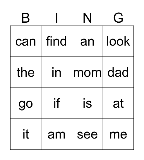 Sight words Bingo Card