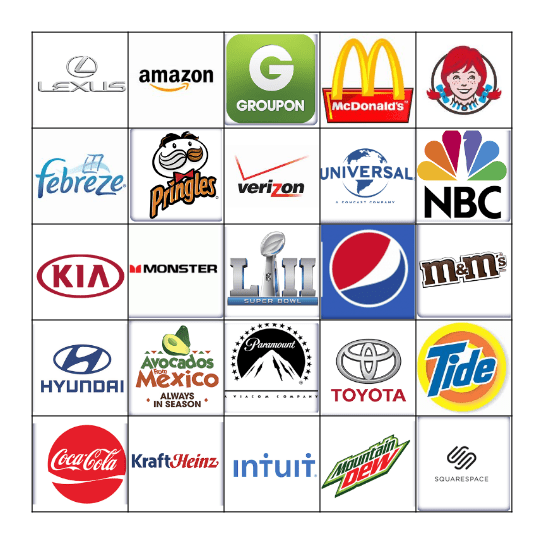 Super Bowl Commerical Bingo Card
