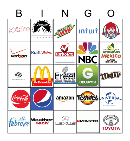Super Bowl Commerical Bingo Card