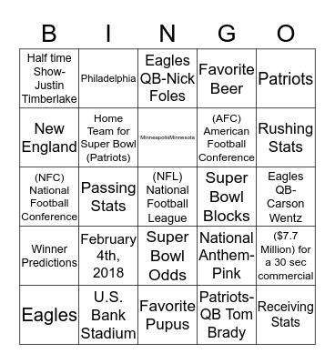 Super Bowl LII  Bingo Card