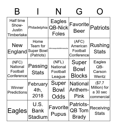 Super Bowl LII  Bingo Card