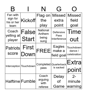 Super Bowl Bingo (Kids) Bingo Card