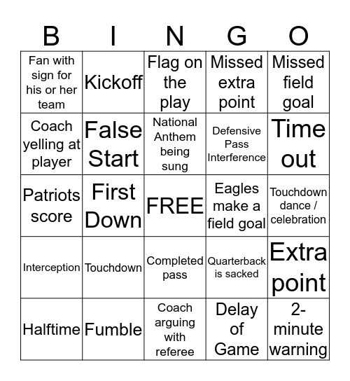 Super Bowl Bingo (Kids) Bingo Card