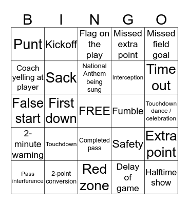 Super Bowl Bingo (Kids) Bingo Card