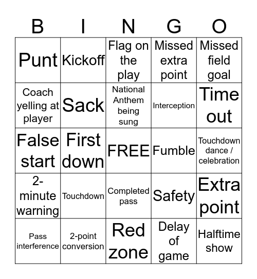 Super Bowl Bingo (Kids) Bingo Card