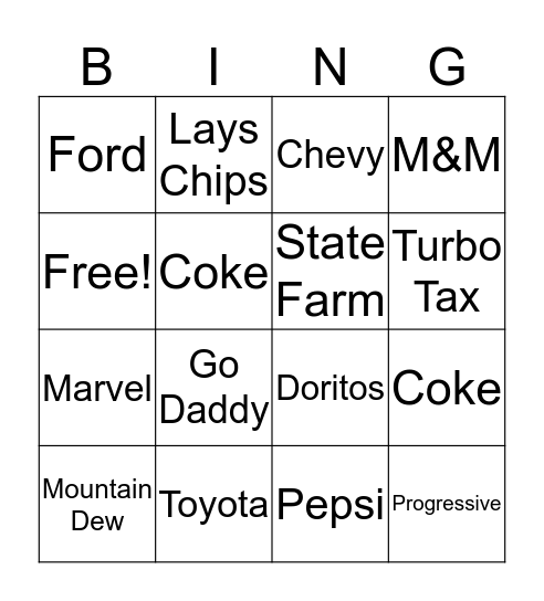 Super Bowl Bingo  Bingo Card