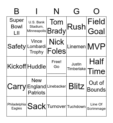 Super Bowl 52  Bingo Card