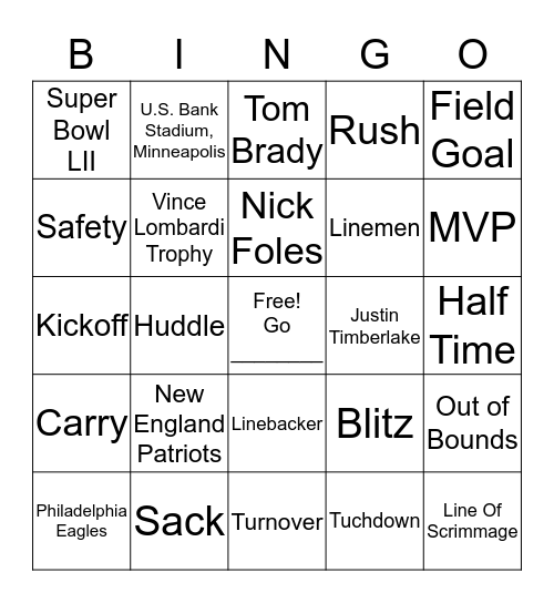 Super Bowl 52  Bingo Card
