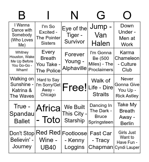 All Out 80s Bingo Card