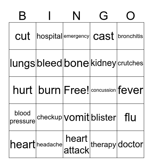 going to the doctor vocabulary Bingo Card