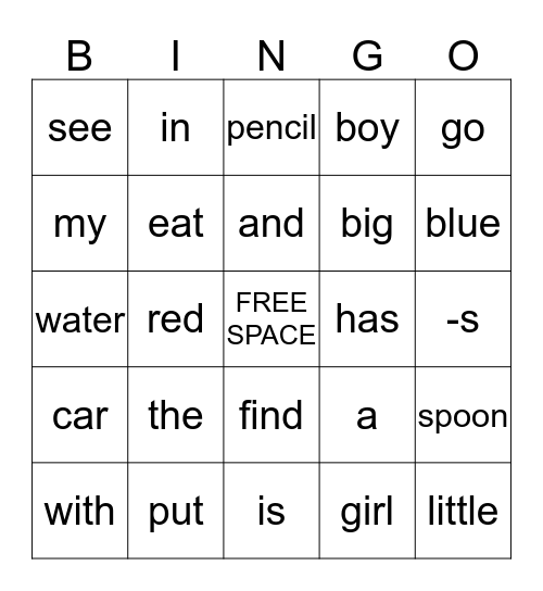 Sight Word Bingo Card