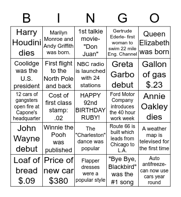Happy Birthday Ruby!             Events of 1926 Bingo Card
