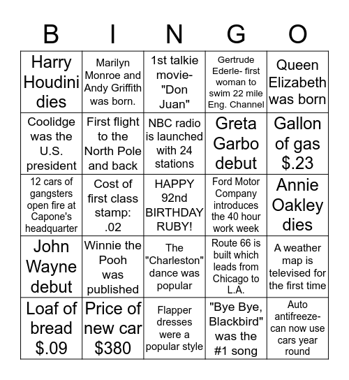 Happy Birthday Ruby!             Events of 1926 Bingo Card