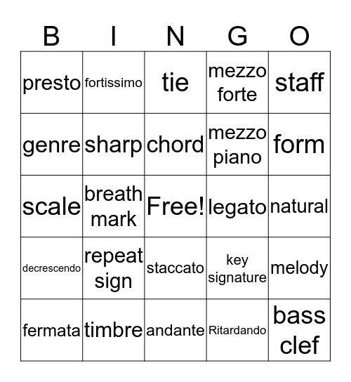 Mr. Gilbert's Music Bingo! Bingo Card