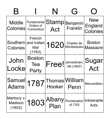 Colonial Era 2017-18 (STAAR 1.1) Bingo Card